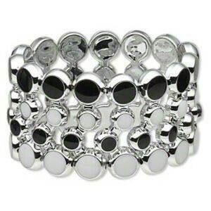 Mid Century Modern Style Wide Acrylic Stretch Bracelet Black White Silver